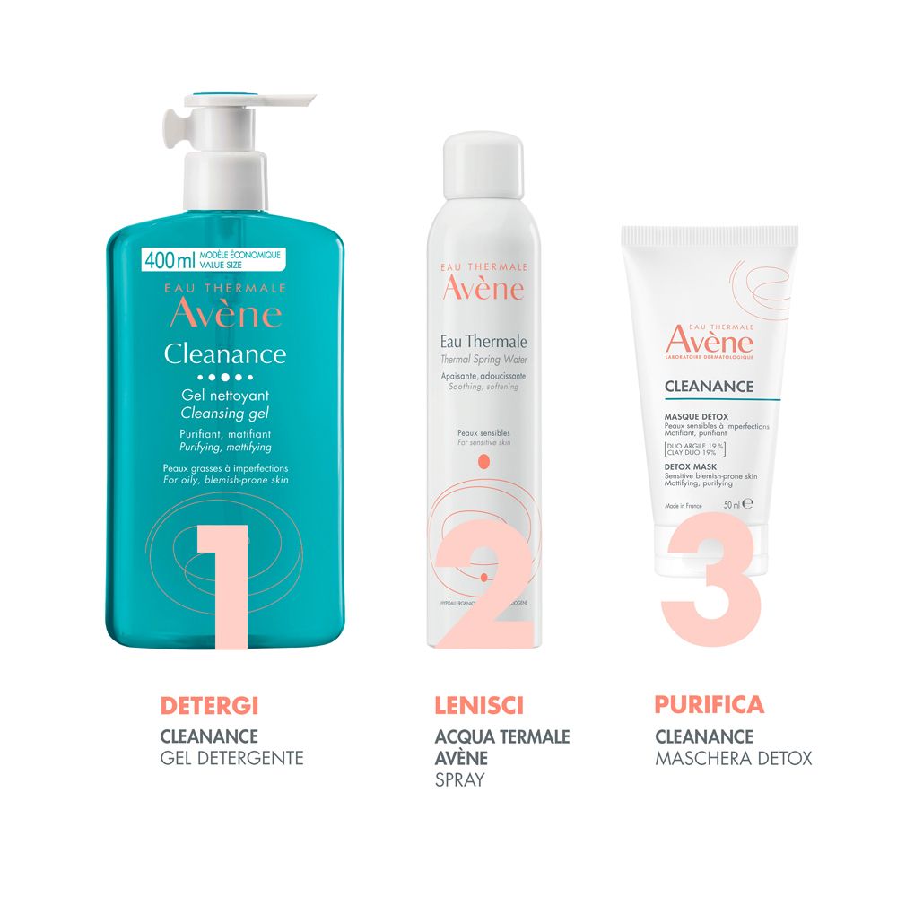 Tre prodotti Avène. Gel, spray, Maschera Detox. Testo: Detergi, Lenisci, Purifica.