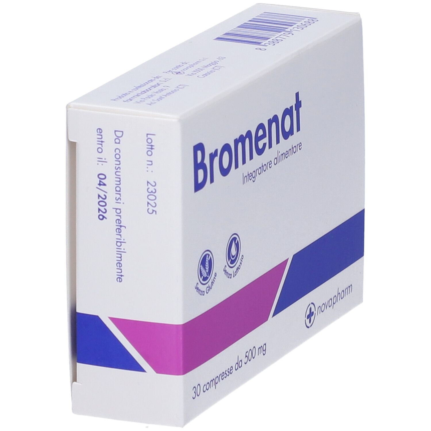 Scatola BROMENAT, angolata. Nome prodotto, logo novapharm. Scadenza: 04/2026. Lotto n. 23025.