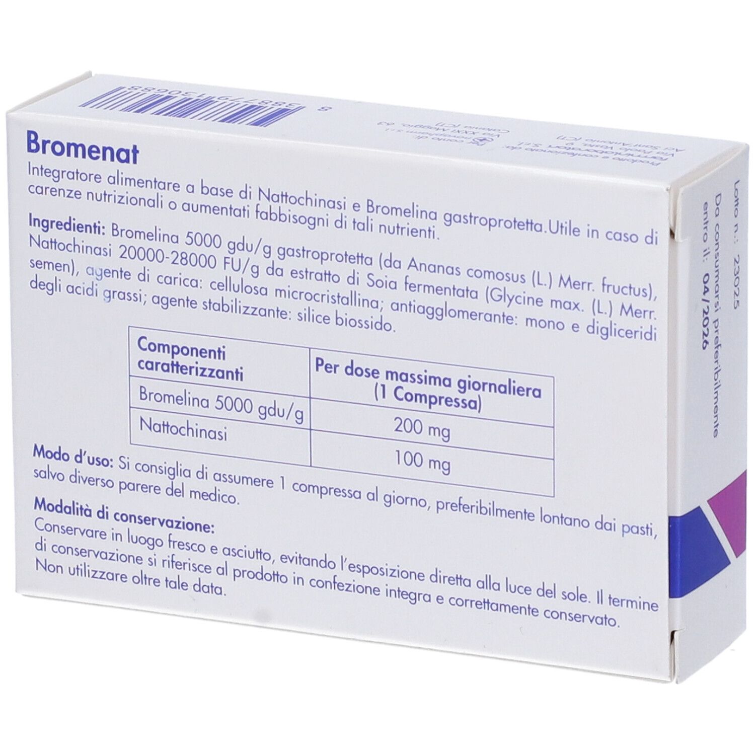 Retro della scatola BROMENAT. Ingredienti, dosaggio, istruzioni per l'uso. Logo novapharm.