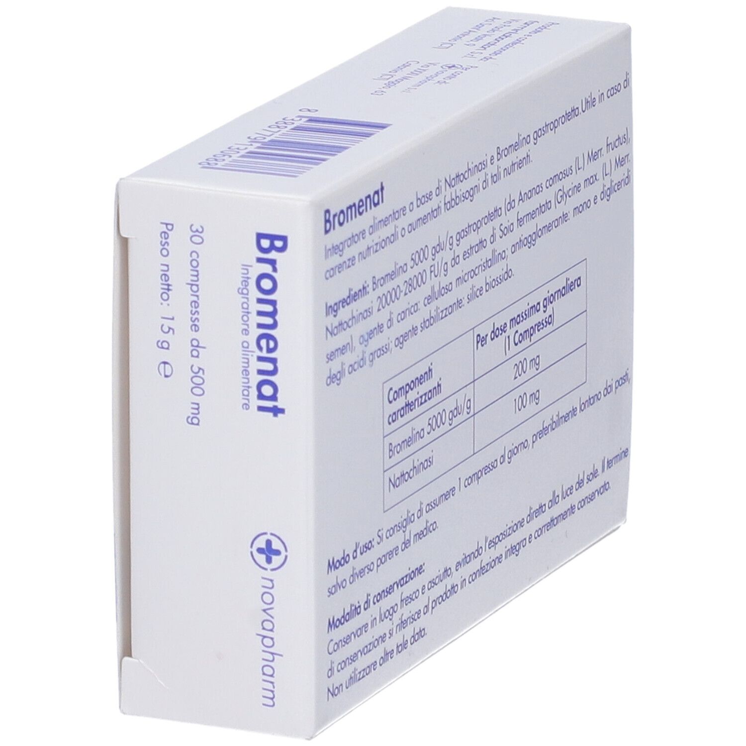 Scatola BROMENAT, angolata. Nome prodotto, logo novapharm. 30 compresse da 500 mg. Peso: 15 g.