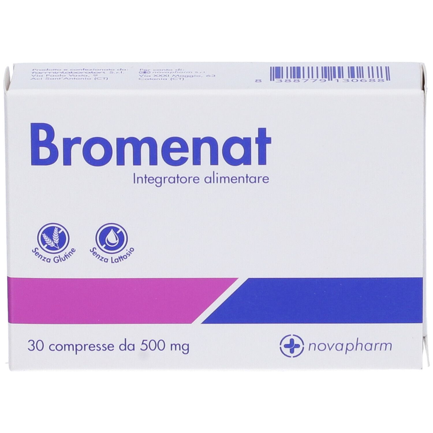 Scatola bianca BROMENAT. 30 compresse da 500 mg. Logo novapharm. Senza glutine e lattosio.