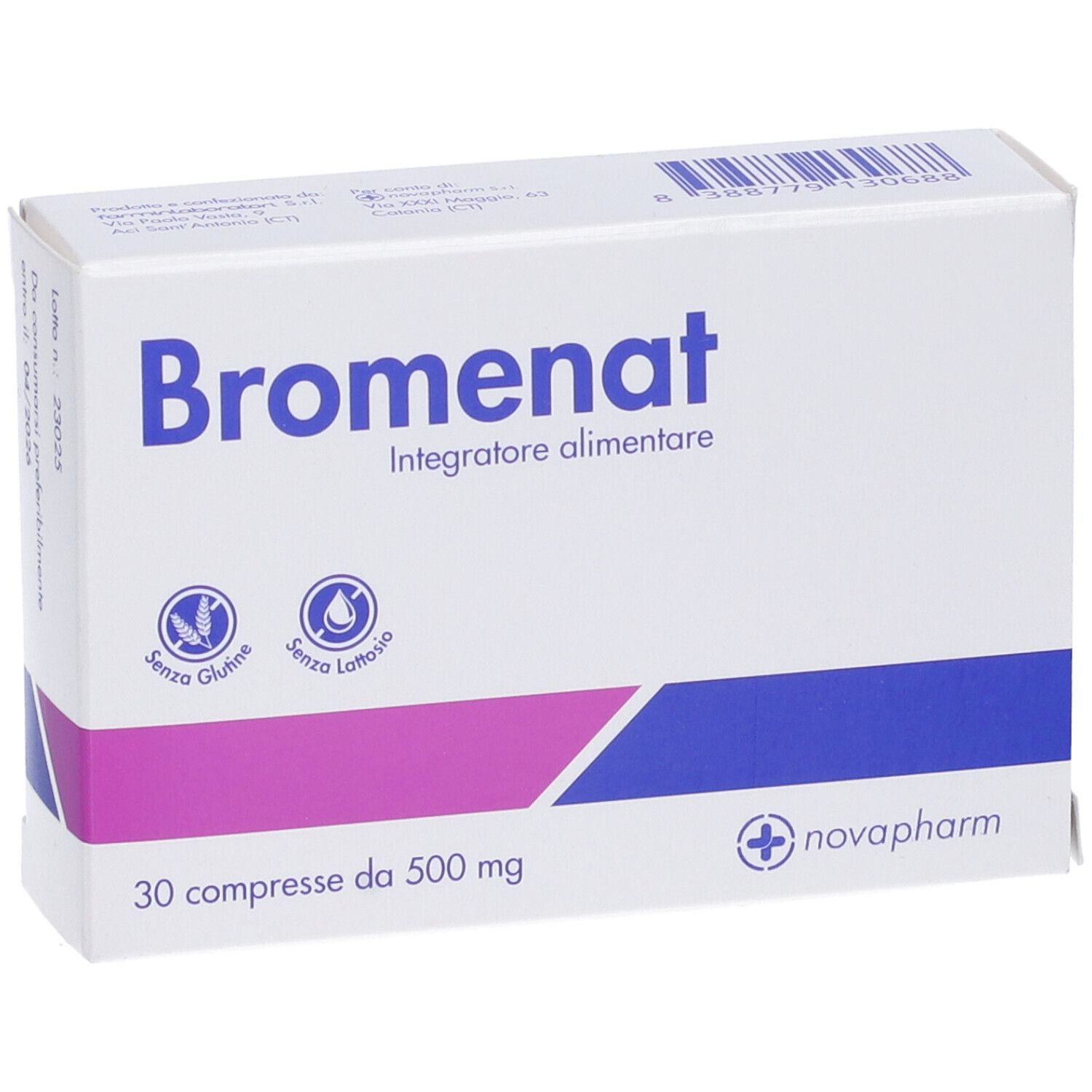 Scatola bianca BROMENAT. 30 compresse da 500 mg. Logo novapharm. Senza glutine e lattosio.