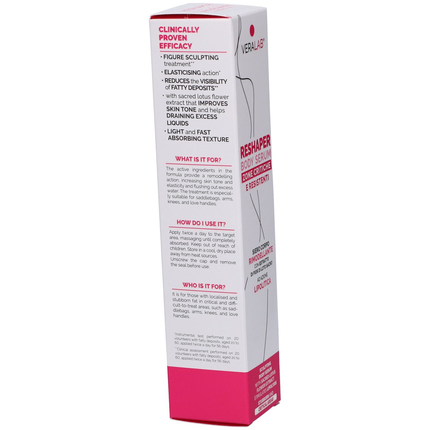 Confezione di VERALAB RESHAPER BODY SERUM. Retro con testo. Rosa e bianco. Testo: CLINICALLY PROVEN EFFICACY.