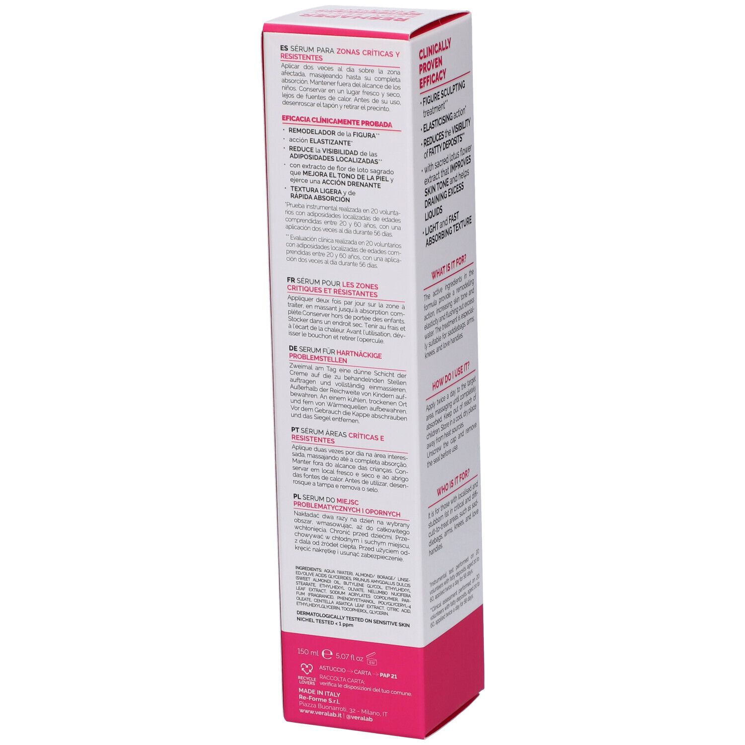 Confezione di VERALAB RESHAPER BODY SERUM. Retro con testo multilingue. Rosa e bianco.
