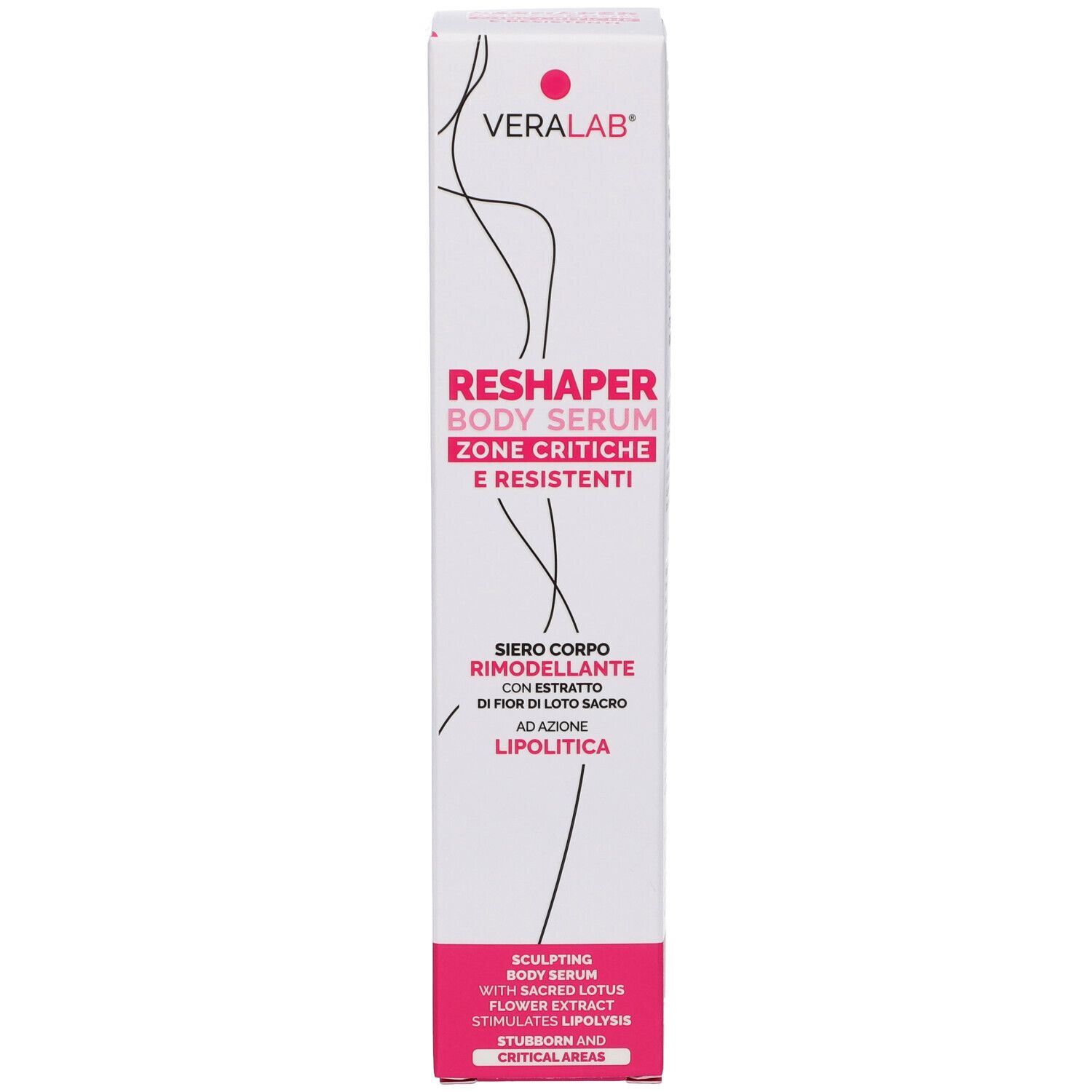 Confezione di VERALAB RESHAPER BODY SERUM. Fronte. Bianco con dettagli rosa. Testo: RESHAPER BODY SERUM, ZONE CRITICHE E RESISTENTI.