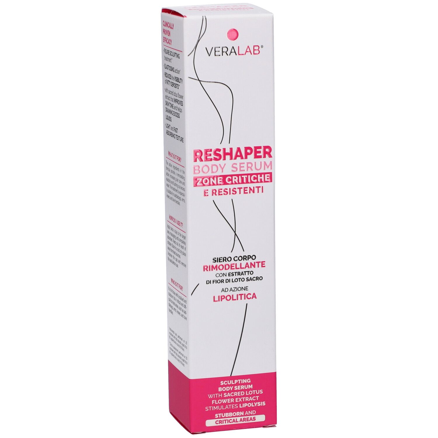 Confezione di VERALAB RESHAPER BODY SERUM. Fronte. Bianco con dettagli rosa. Testo: RESHAPER BODY SERUM, ZONE CRITICHE E RESISTENTI.