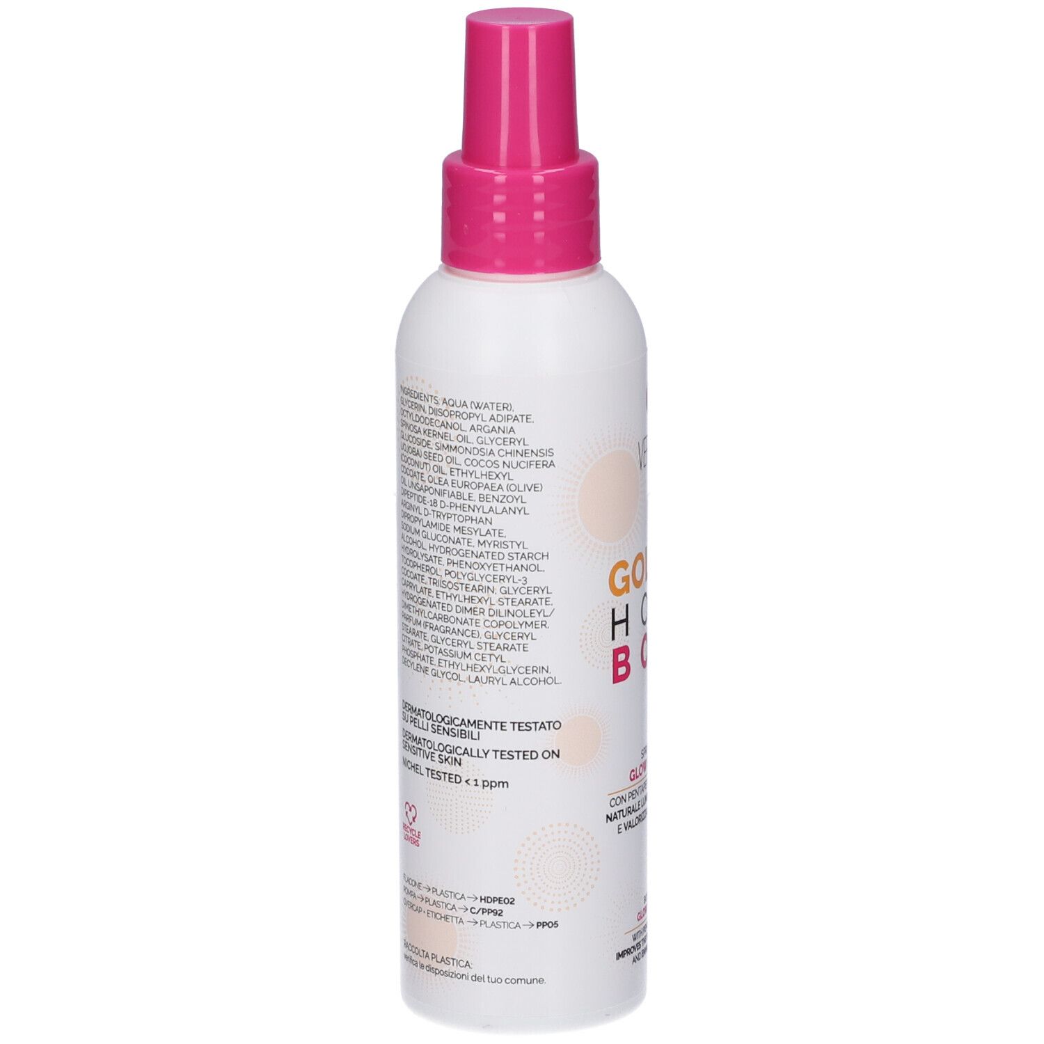 Retro dello spray bianco con erogatore rosa. Testo: ingredienti, dermatologicamente testato. Marchio: VERALAB. Flacone con informazioni prodotto.