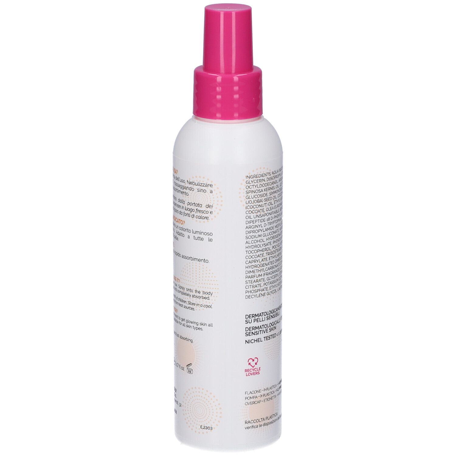 Retro dello spray bianco con erogatore rosa. Testo: utilizzo, dermatologicamente testato. Marchio: VERALAB. Flacone con informazioni prodotto.