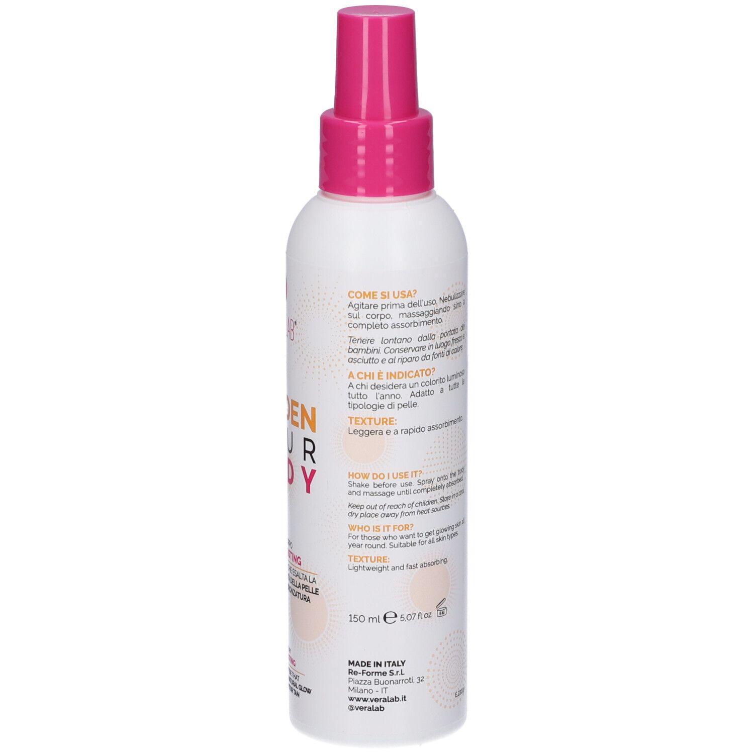 Retro dello spray bianco con erogatore rosa. Testo: utilizzo, ingredienti, 150 ml. Marchio: VERALAB. Flacone con informazioni prodotto.