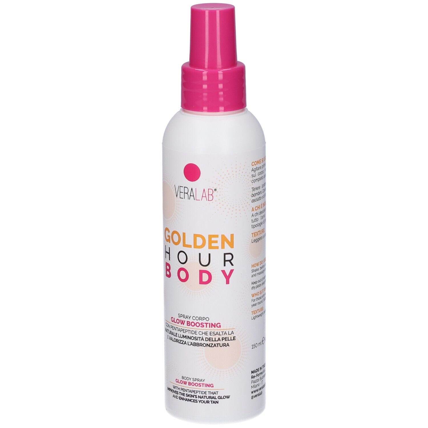 Spray bianco con erogatore rosa. Scritta: GOLDEN HOUR BODY. Marchio: VERALAB. Testo: GLOW BOOSTING. Flacone con informazioni prodotto.