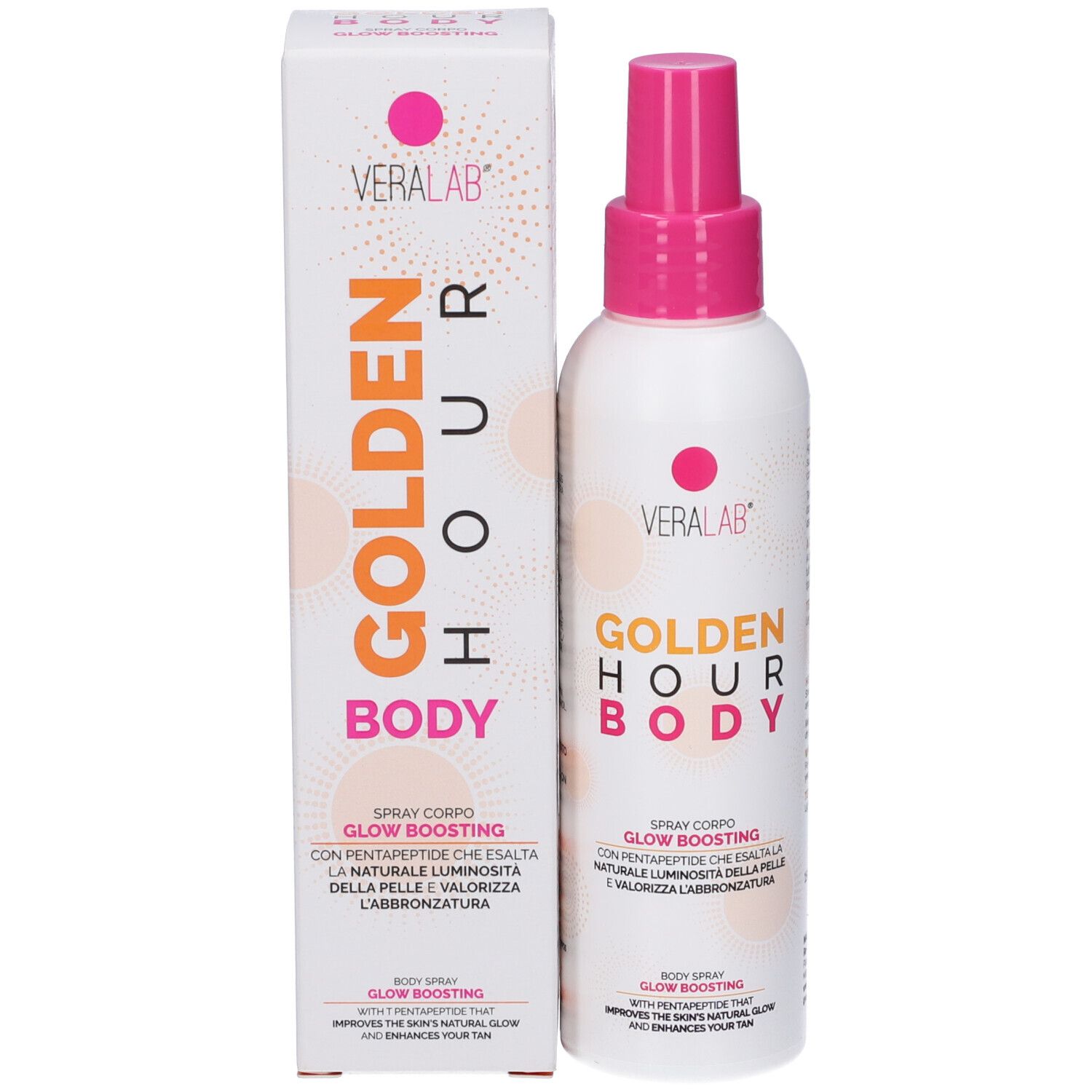 Prodotto GOLDEN HOUR BODY e confezione. Scatola bianca con scritta GOLDEN HOUR BODY. Spray con erogatore rosa. Marchio: VERALAB.