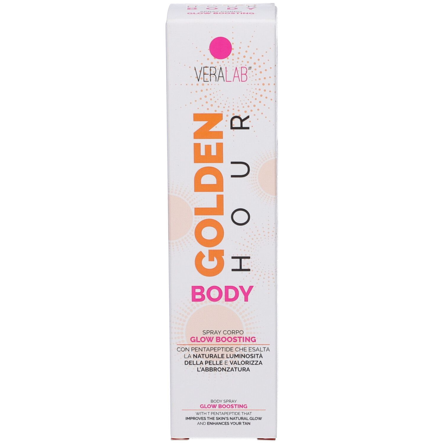 Confezione bianca con scritta GOLDEN HOUR BODY. Testo: GLOW BOOSTING. Marchio: VERALAB. Punto rosa.