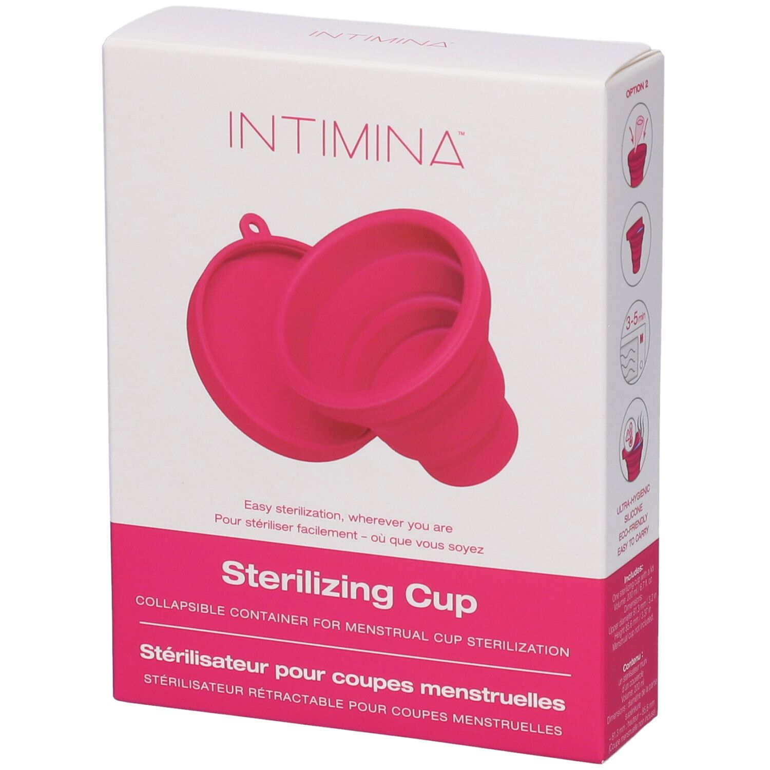 Confezione con sterilizzatore rosa per coppette mestruali. Marchio: Intimina.