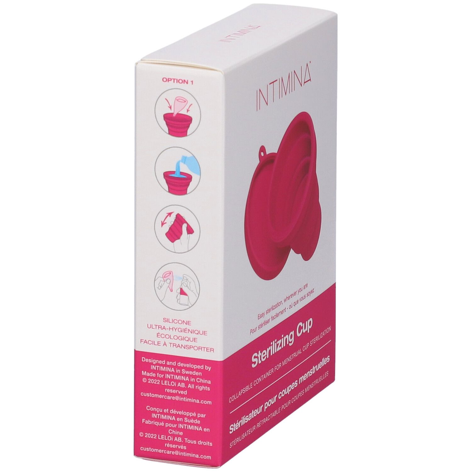 Confezione, sterilizzatore rosa per coppette mestruali. Marchio: Intimina. Immagini istruzioni.