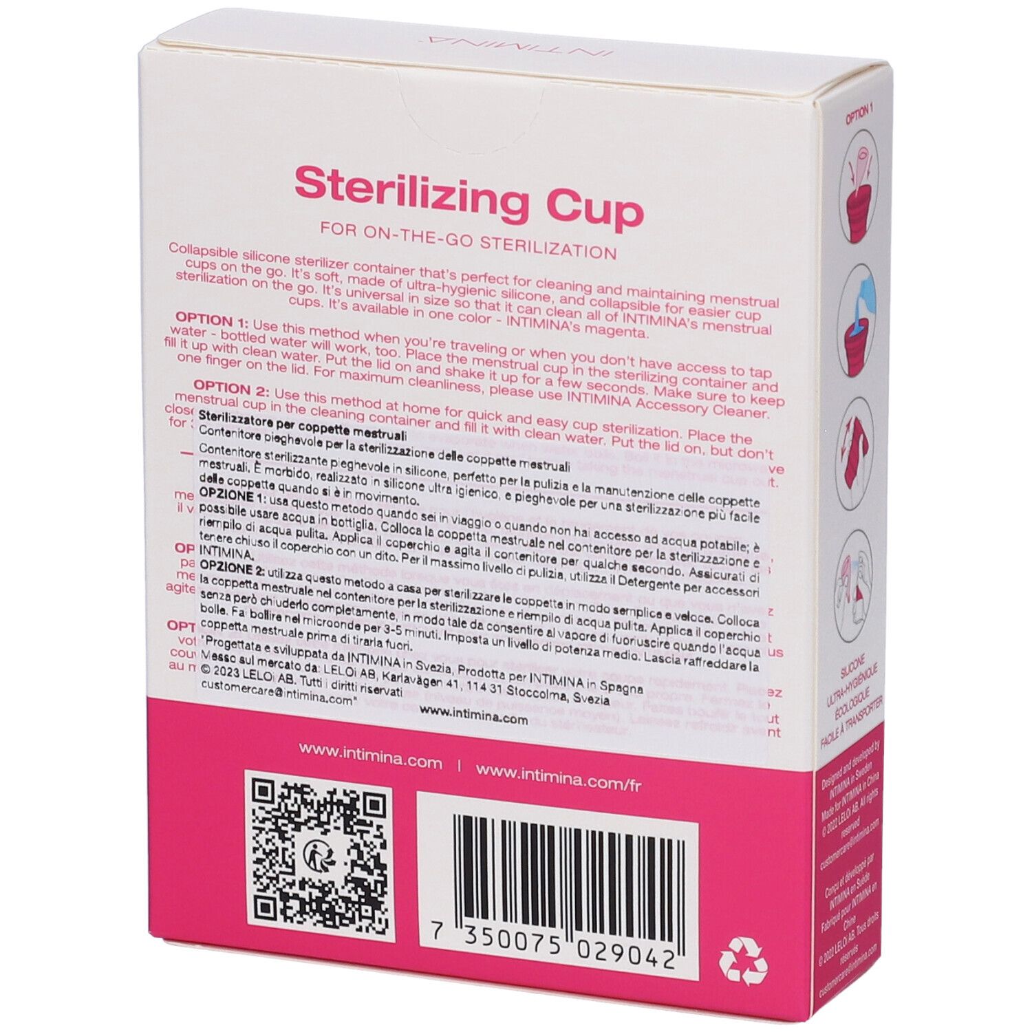Confezione, sterilizzatore rosa per coppette mestruali. Marchio: Intimina. Retro con testo.