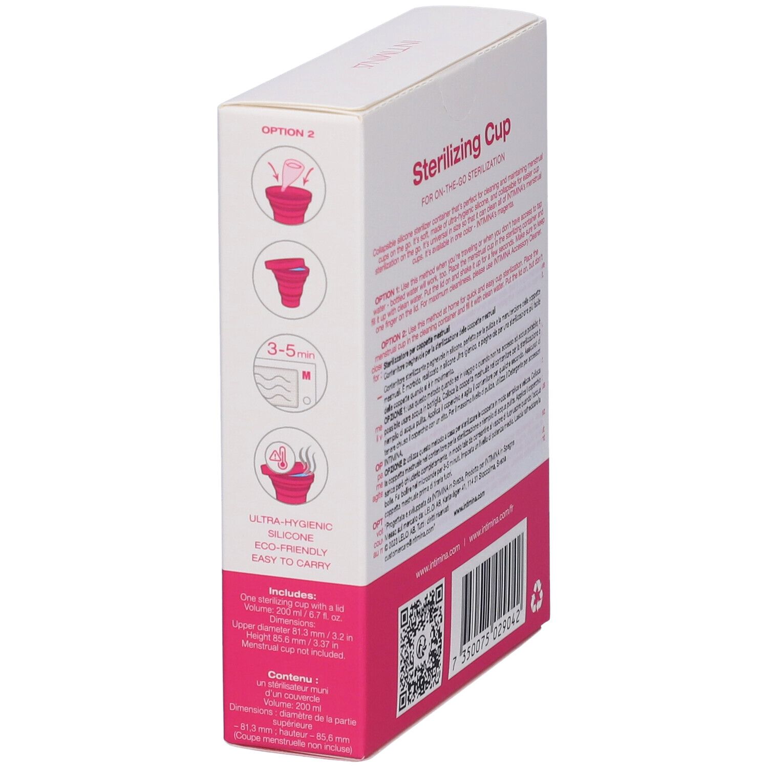 Confezione, sterilizzatore rosa per coppette mestruali. Marchio: Intimina. Retro con testo.