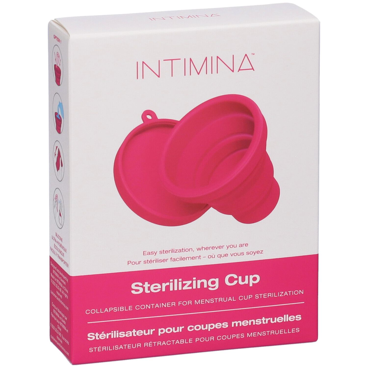 Confezione con sterilizzatore rosa per coppette mestruali. Marchio: Intimina.