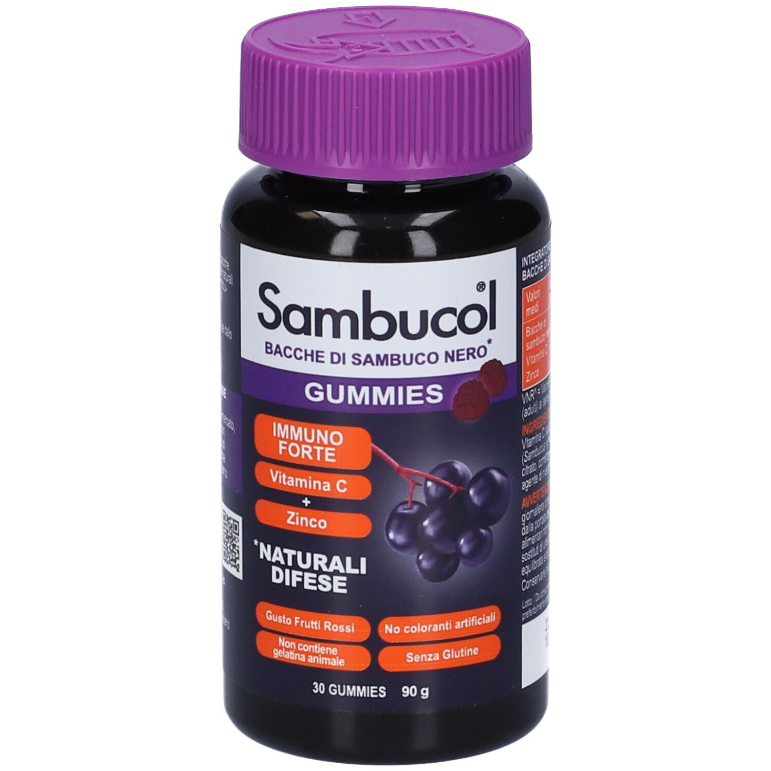 Flacone nero, tappo viola. Scritta: Sambucol Gummies, Immuno Forte, Vitamina C, Zinco. 30 caramelle gommose.