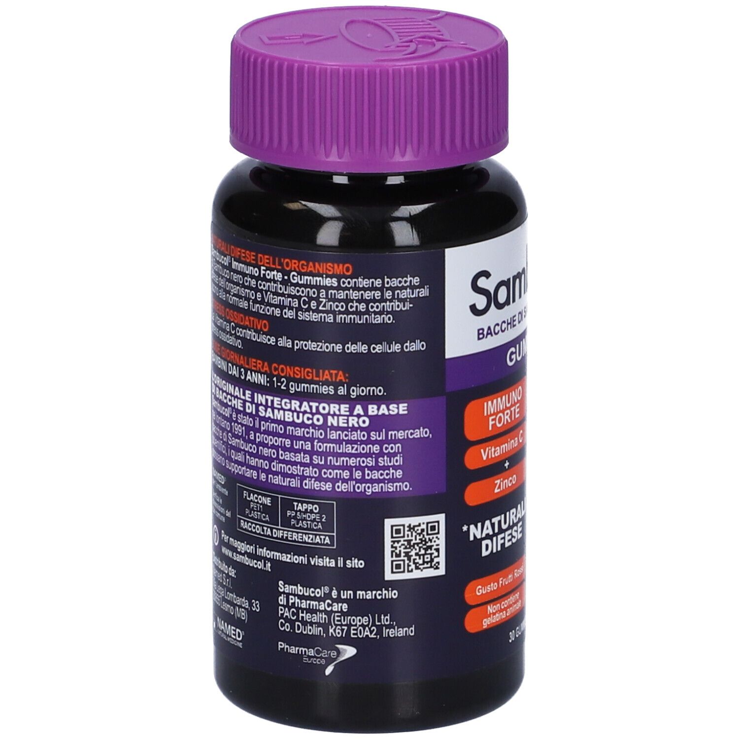 Flacone nero, tappo viola. Retro con testo. Scritta: Sambucol Gummies, Immuno Forte, Vitamina C, Zinco.