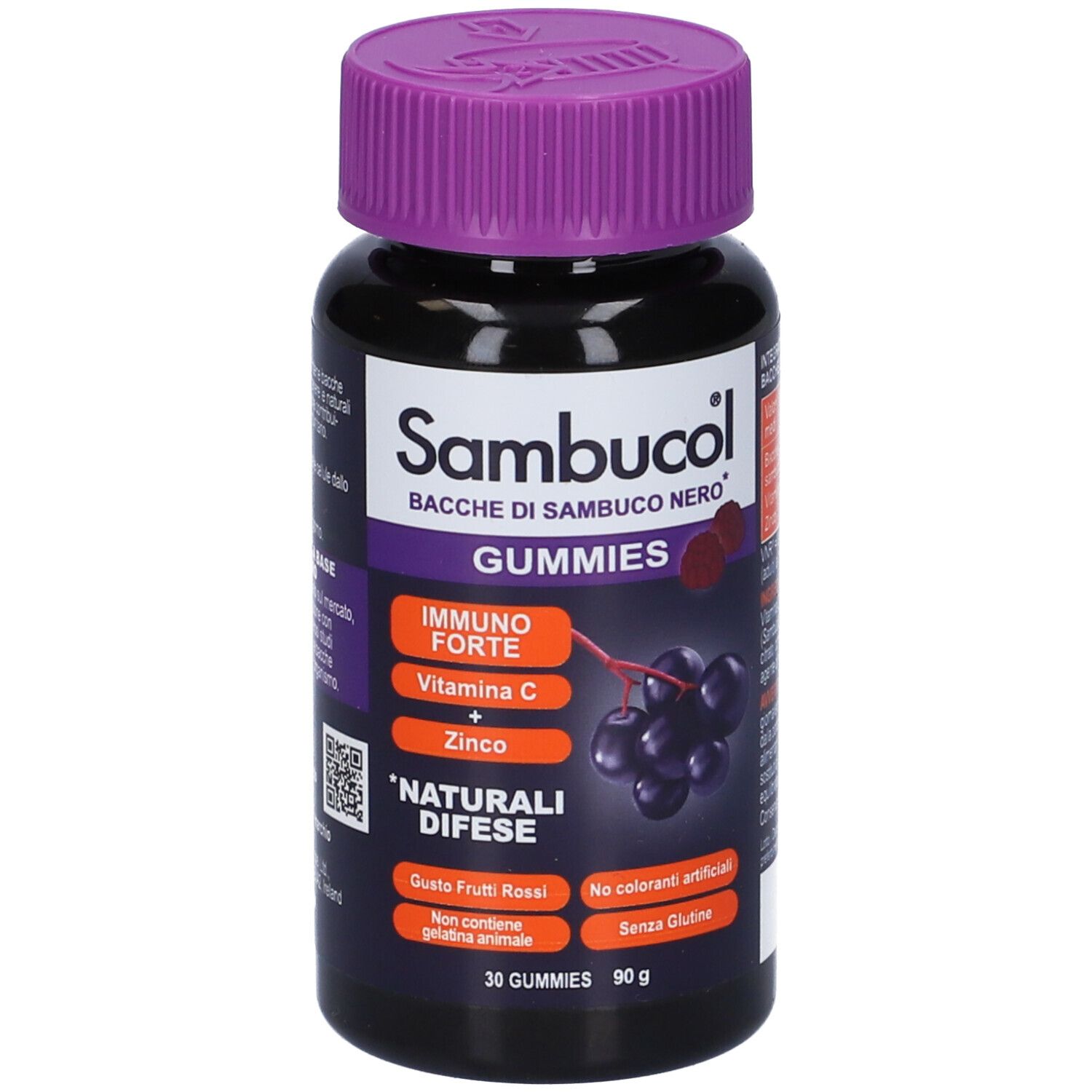 Flacone nero, tappo viola. Scritta: Sambucol Gummies, Immuno Forte, Vitamina C, Zinco. 30 caramelle gommose.