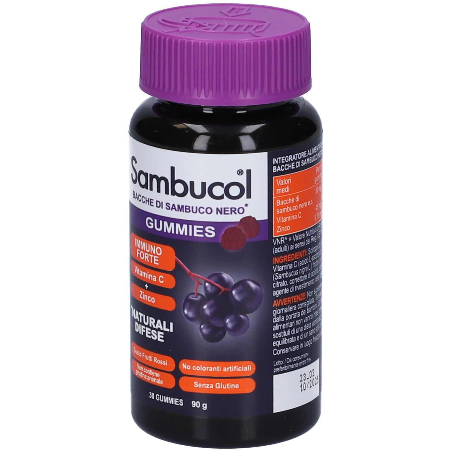 Flacone nero, tappo viola. Scritta: Sambucol Gummies, Immuno Forte, Vitamina C, Zinco. 30 caramelle gommose.