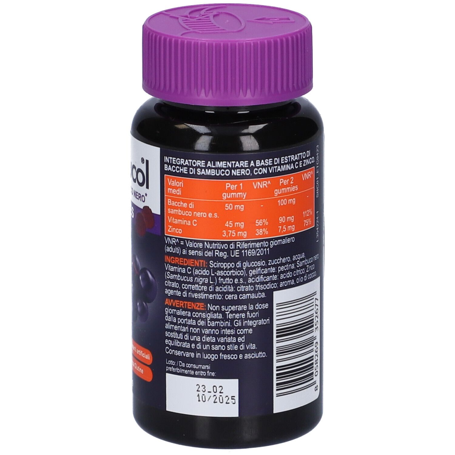 Flacone nero, tappo viola. Retro con testo. Scritta: Sambucol Gummies, Immuno Forte, Vitamina C, Zinco.