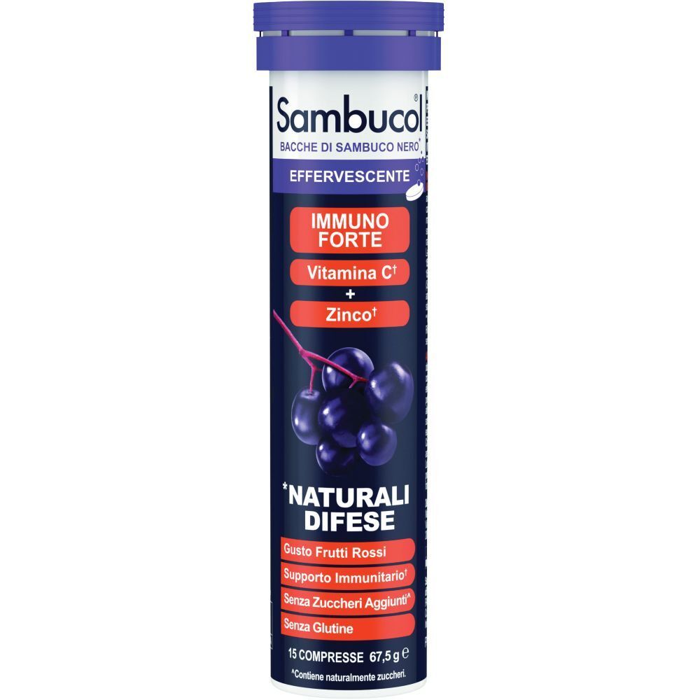 Confezione cilindrica di Sambucol Effervescente. Scritte: IMMUNO FORTE, Vitamina C, Zinco. 15 compresse.