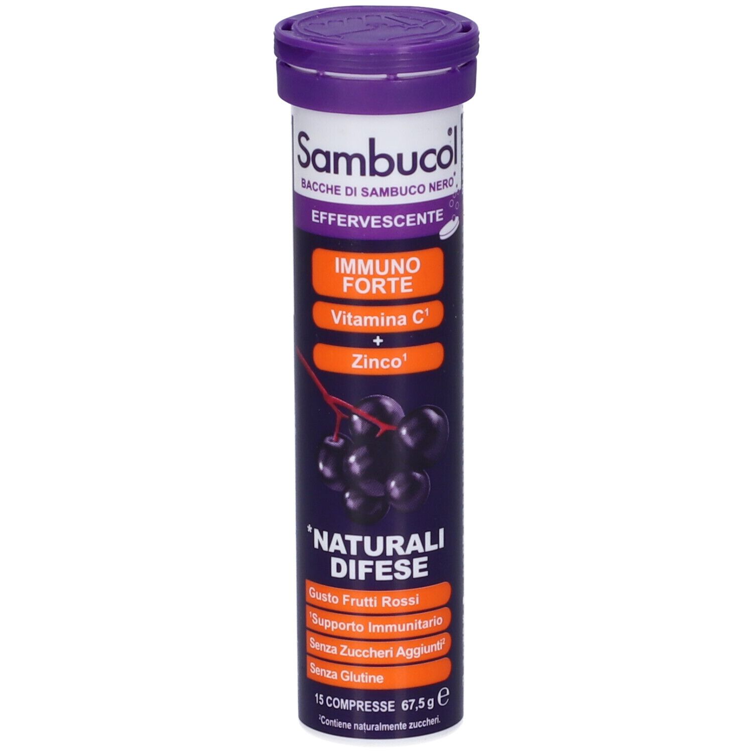 Confezione cilindrica di Sambucol Effervescente. Scritte: IMMUNO FORTE, Vitamina C, Zinco. 15 compresse.