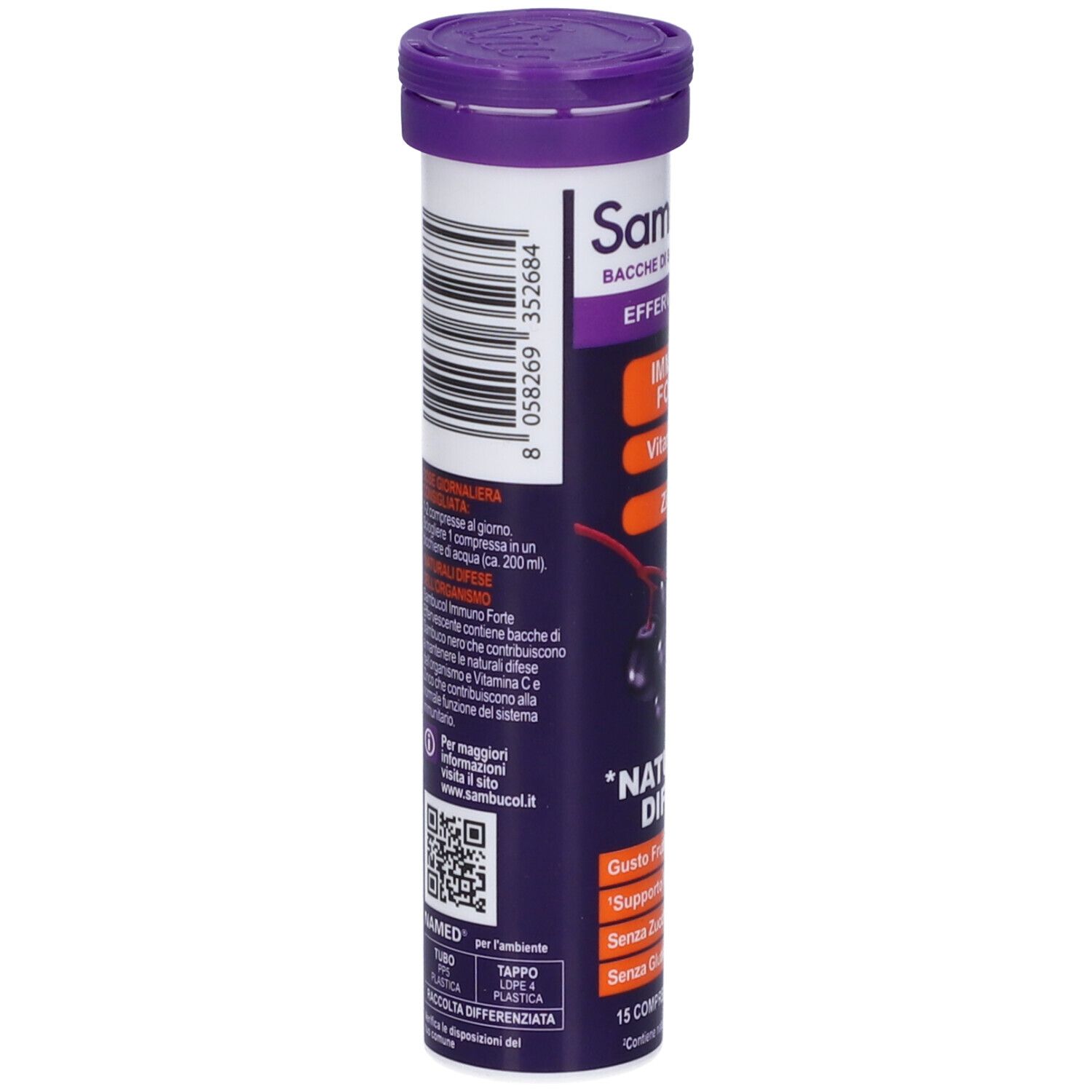Confezione cilindrica di Sambucol Effervescente. Scritte: IMMUNO FORTE, Vitamina C, Zinco. 15 compresse. Testo sul retro.