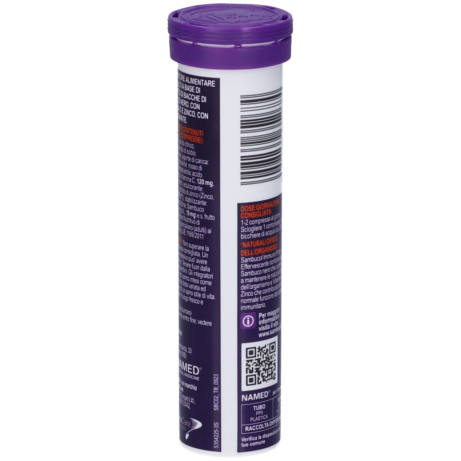 Confezione cilindrica di Sambucol Effervescente. Scritte: IMMUNO FORTE, Vitamina C, Zinco. Testo sul retro.