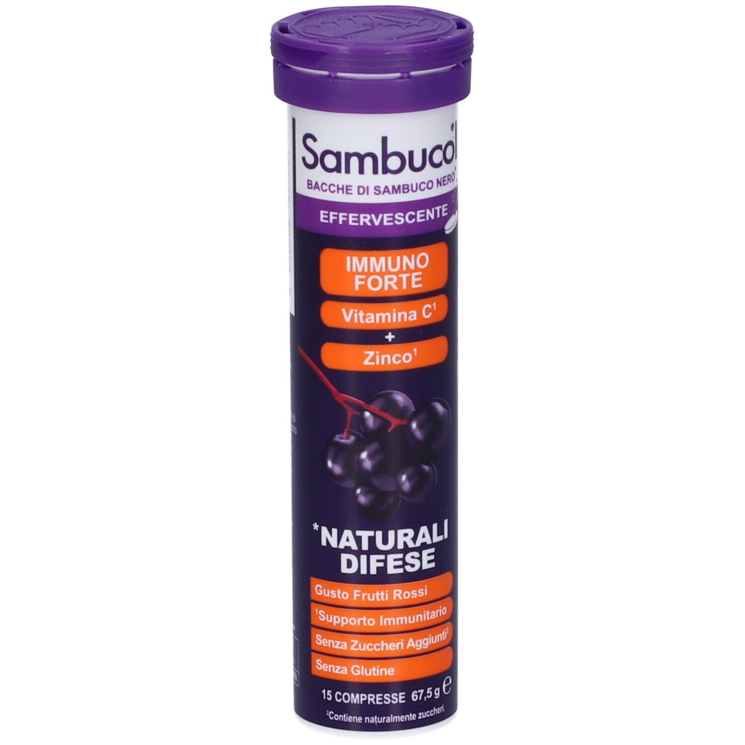Confezione cilindrica di Sambucol Effervescente. Scritte: IMMUNO FORTE, Vitamina C, Zinco. 15 compresse.