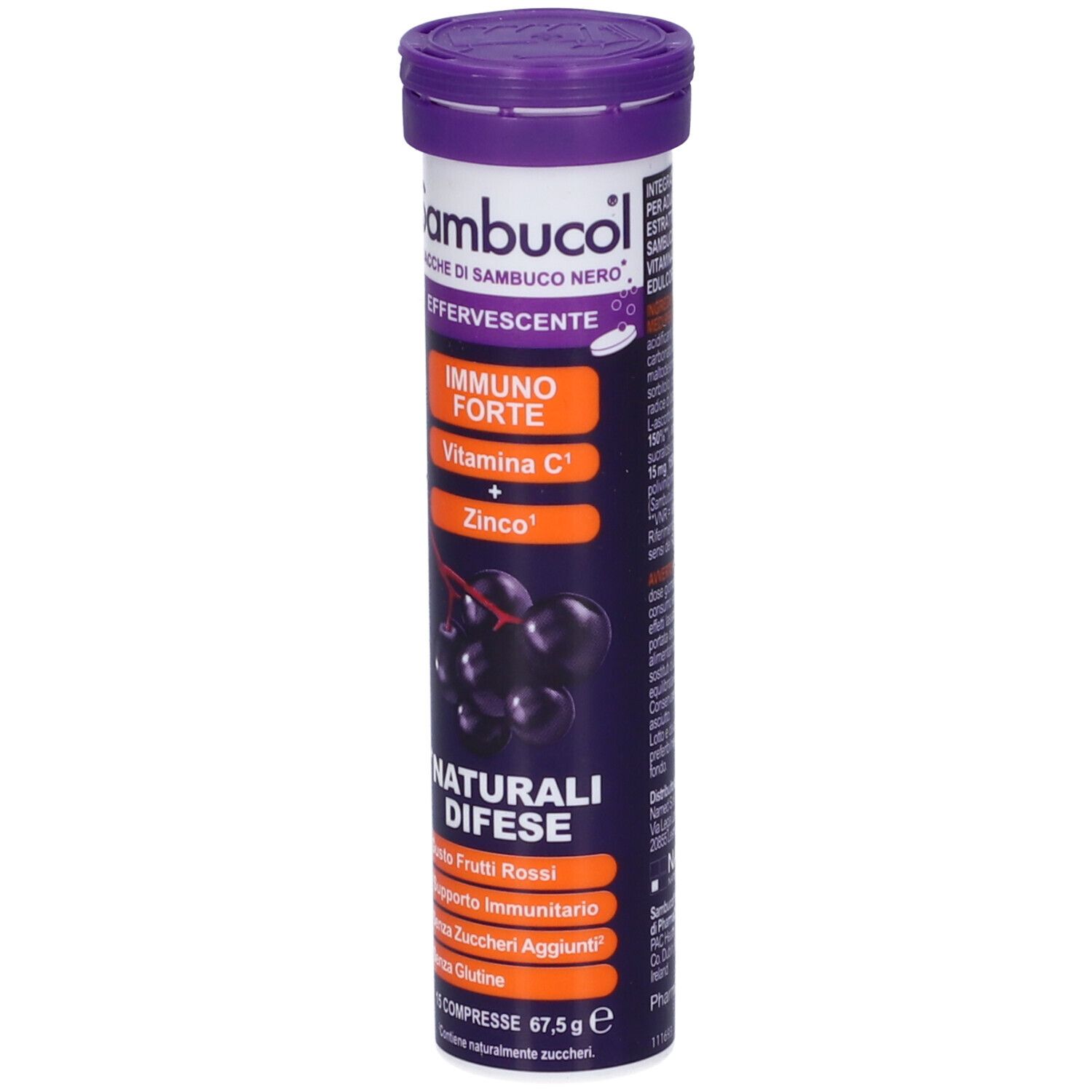 Confezione cilindrica di Sambucol Effervescente. Scritte: IMMUNO FORTE, Vitamina C, Zinco. 15 compresse.