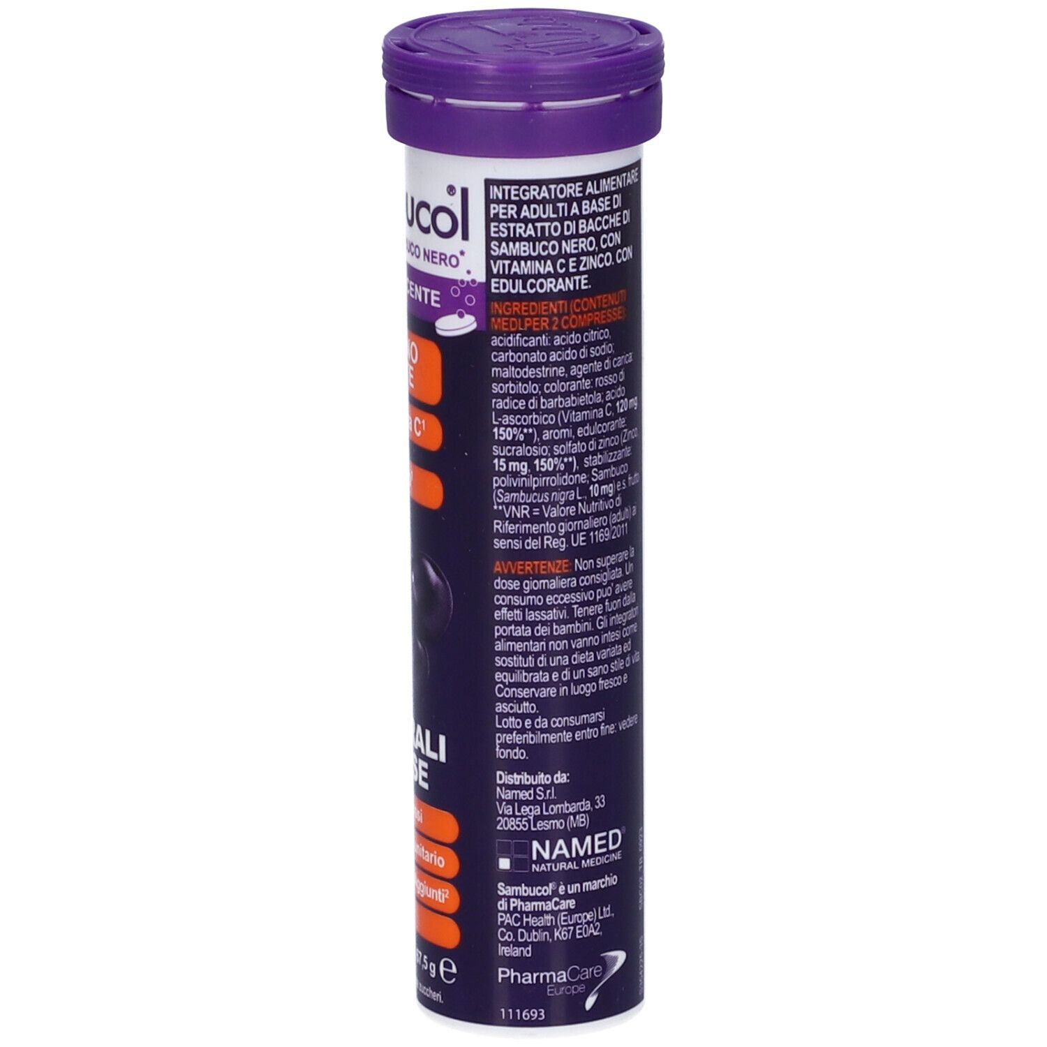 Confezione cilindrica di Sambucol Effervescente. Scritte: IMMUNO FORTE, Vitamina C, Zinco. Testo sul retro.