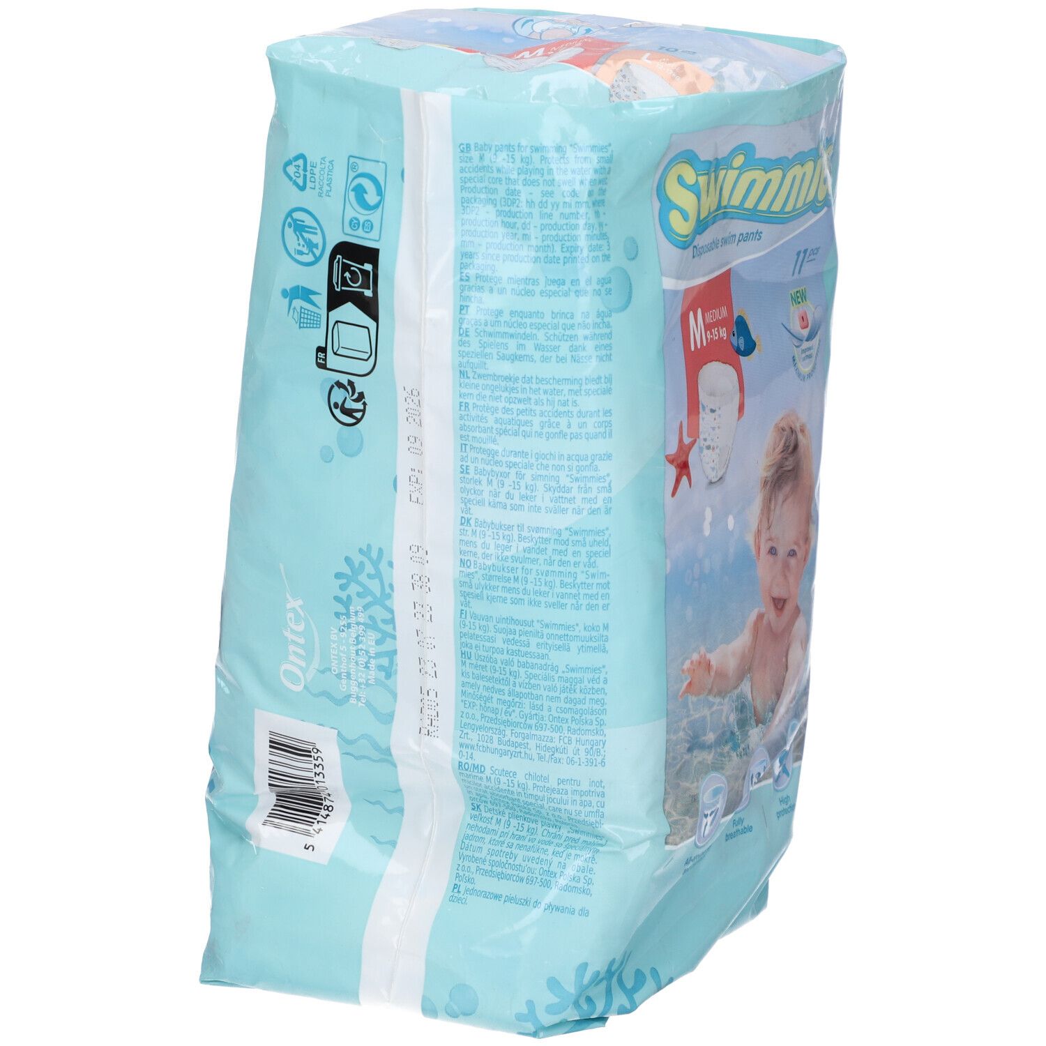 Retro della confezione di mutandine da bagno Swimmies, taglia M, 11 pezzi.