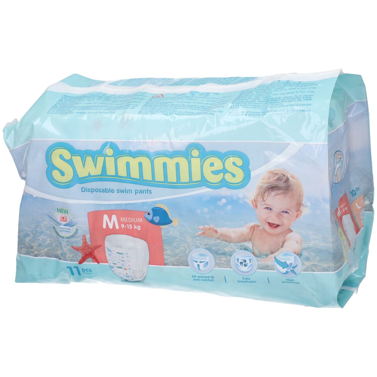 Mutandine da bagno Swimmies, taglia M, 11 pezzi. Confezione con bambino in acqua.