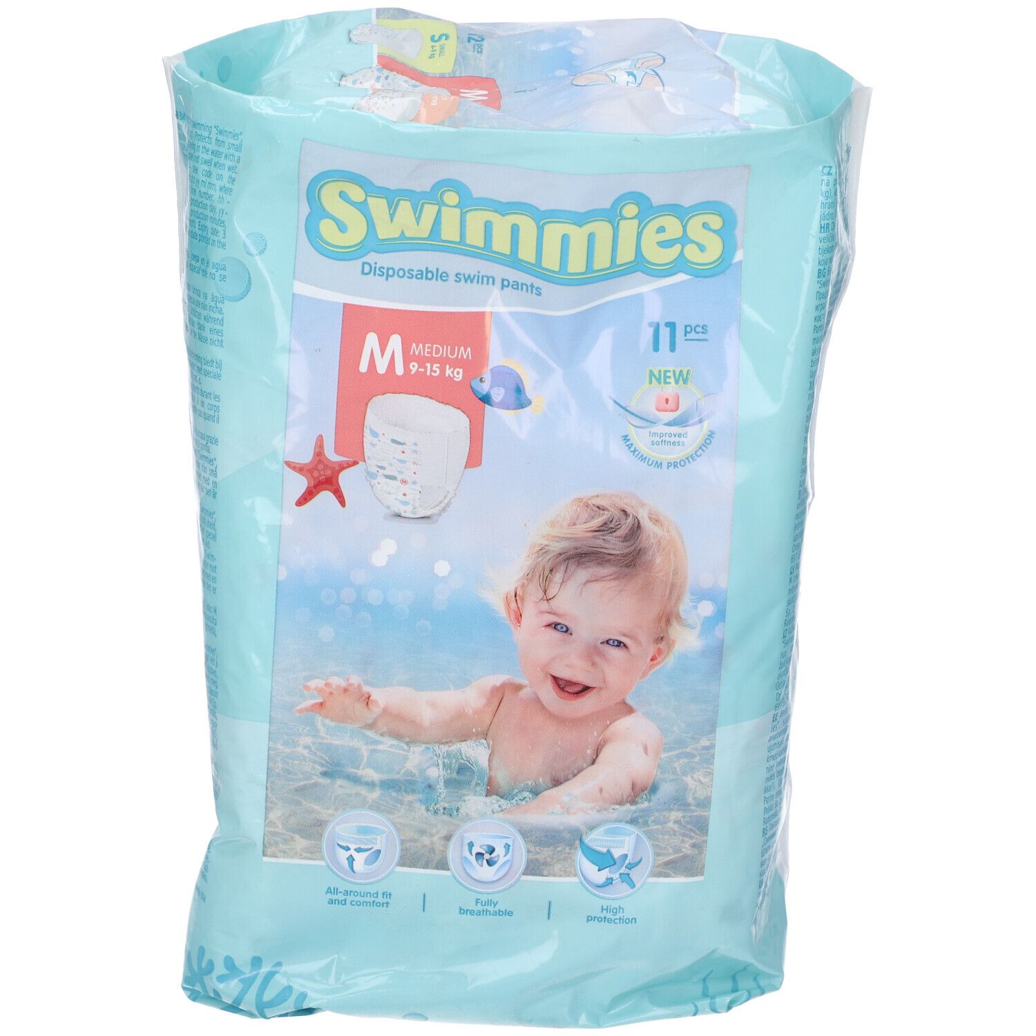 Mutandine da bagno Swimmies, taglia M, 11 pezzi. Confezione con bambino in acqua.