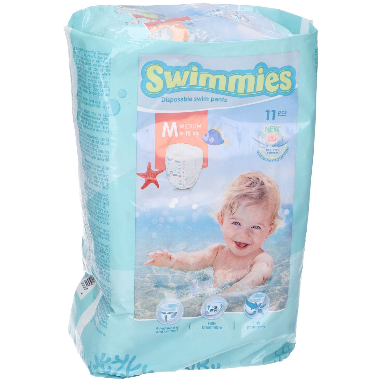 Mutandine da bagno Swimmies, taglia M, 11 pezzi. Confezione con bambino in acqua.