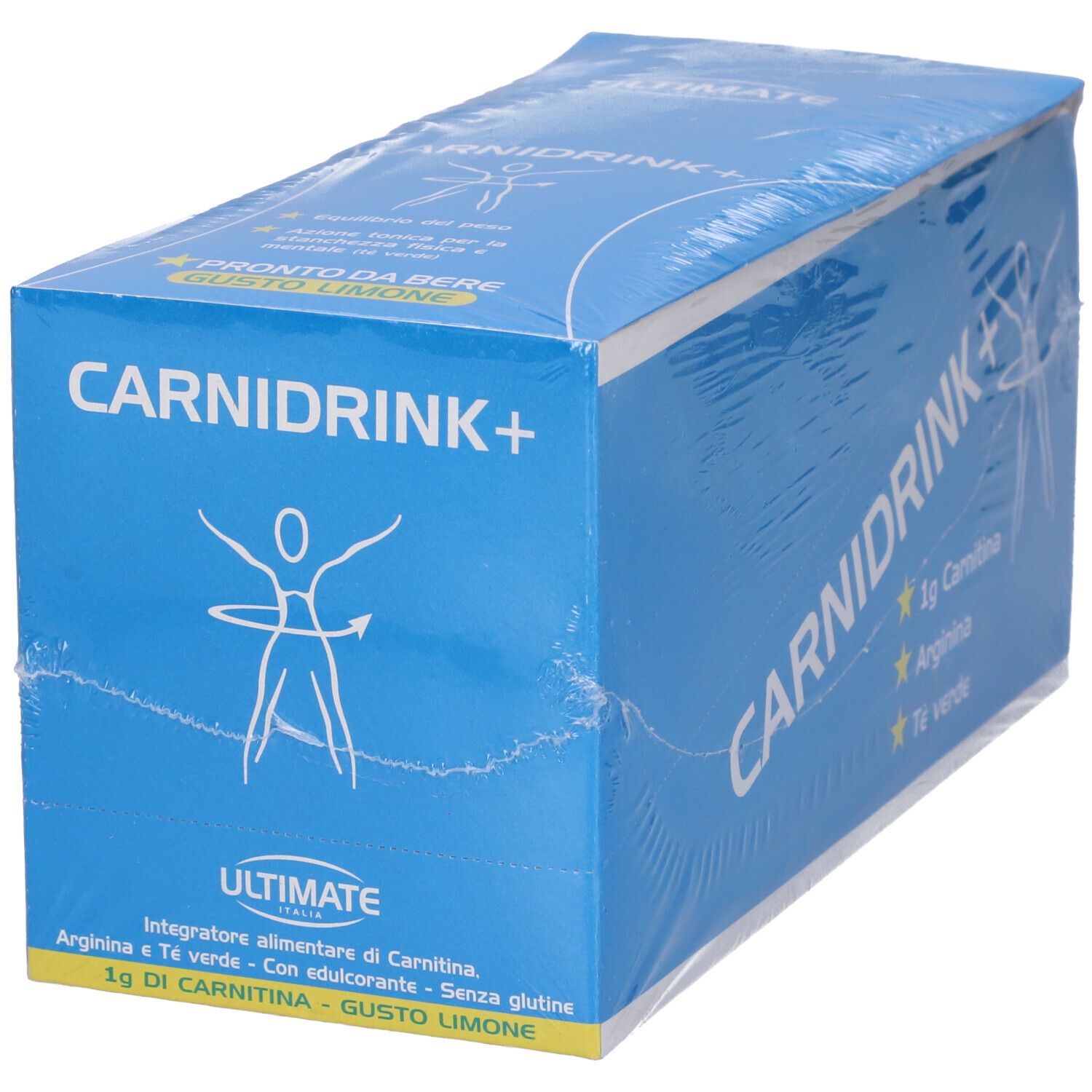 Scatola blu con scritta bianca CARNIDRINK+. Contiene 1g Carnitina, Arginina e tè verde. Logo ULTIMATE.