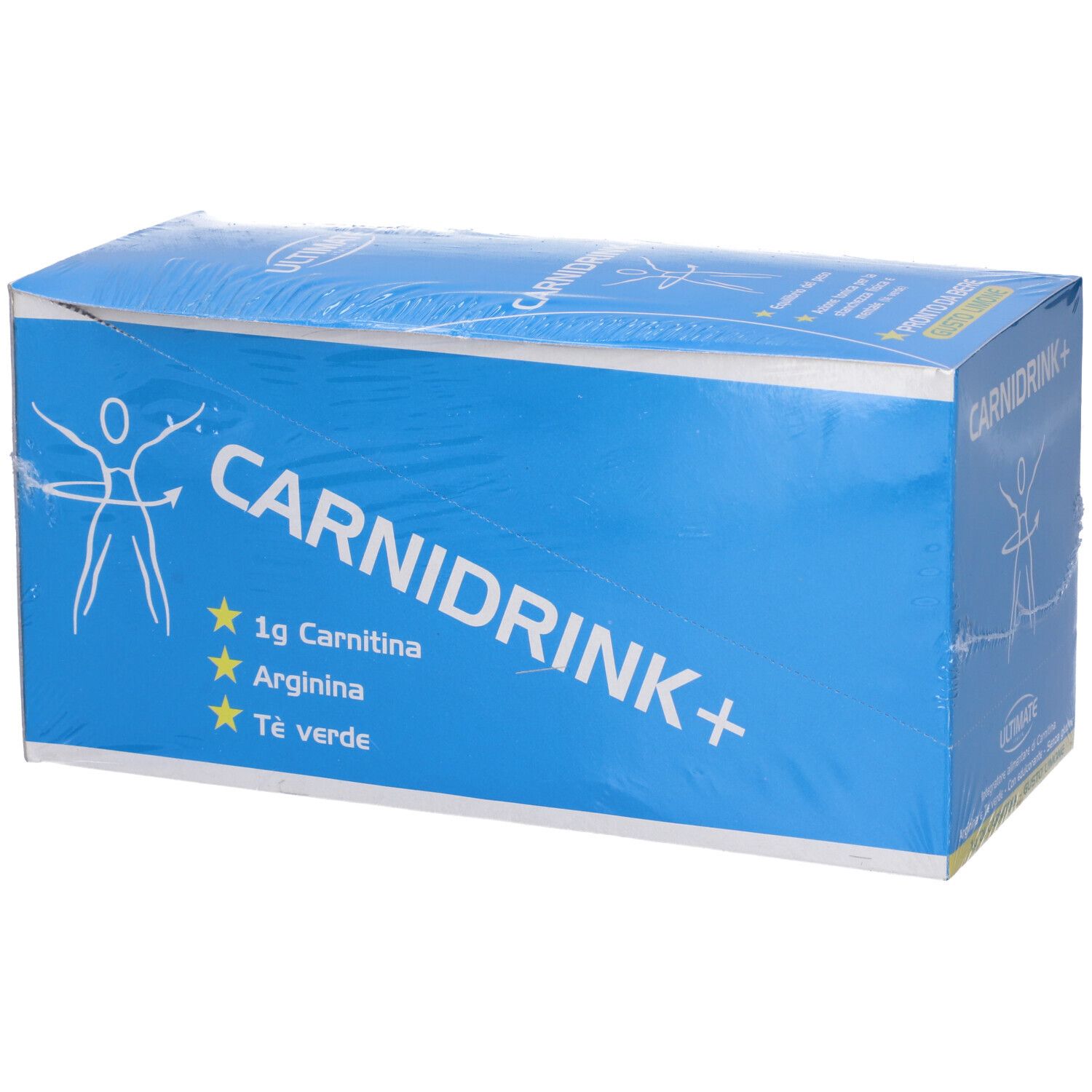 Scatola blu con scritta bianca CARNIDRINK+. Contiene 1g Carnitina, Arginina e tè verde.
