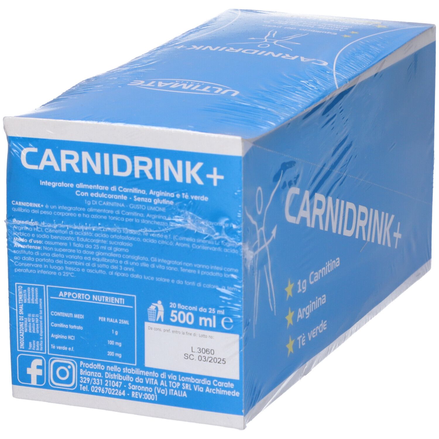 Scatola blu con scritta bianca CARNIDRINK+. Contiene 1g Carnitina, Arginina e tè verde. Informazioni nutrizionali.