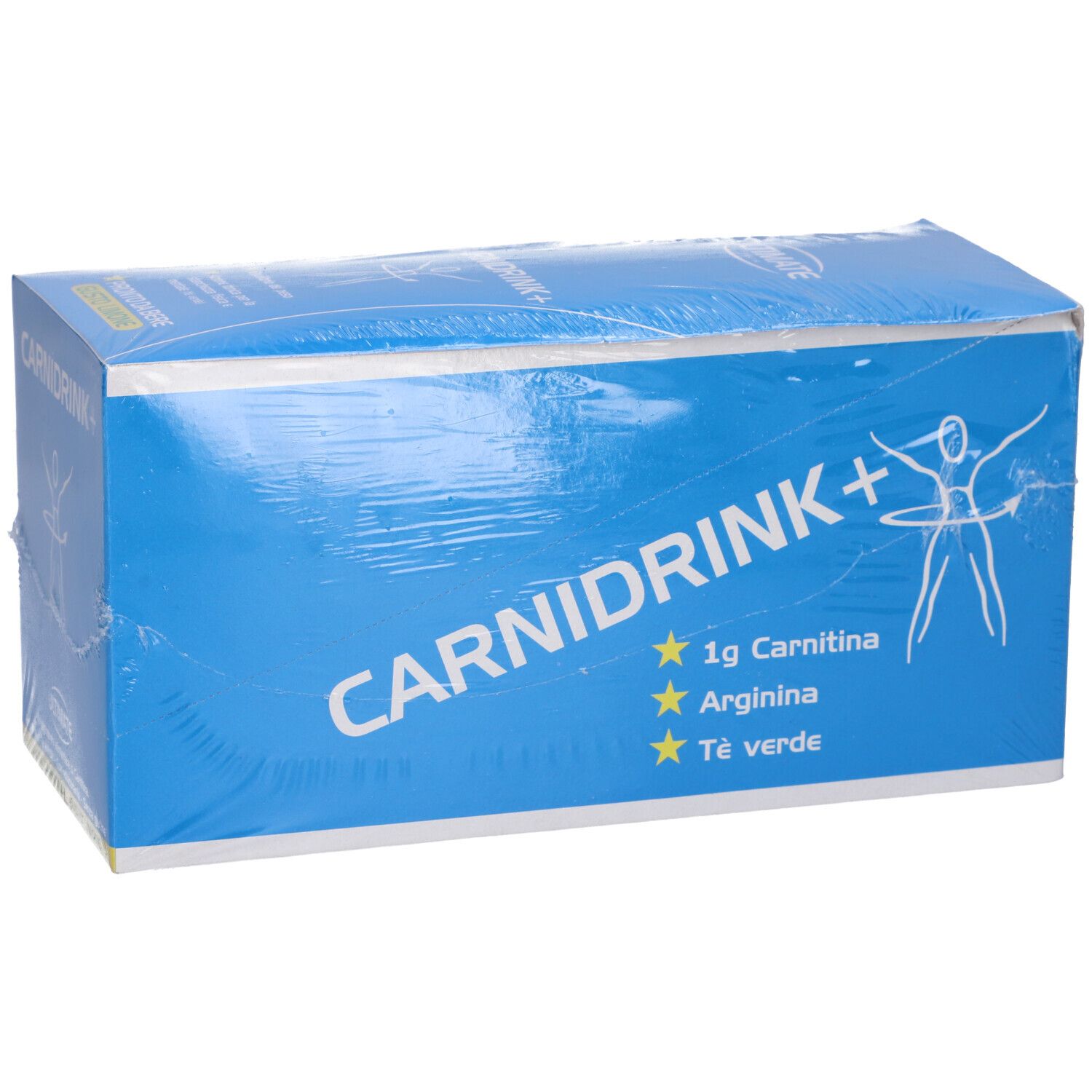 Scatola blu con scritta bianca CARNIDRINK+. Contiene 1g Carnitina, Arginina e tè verde.
