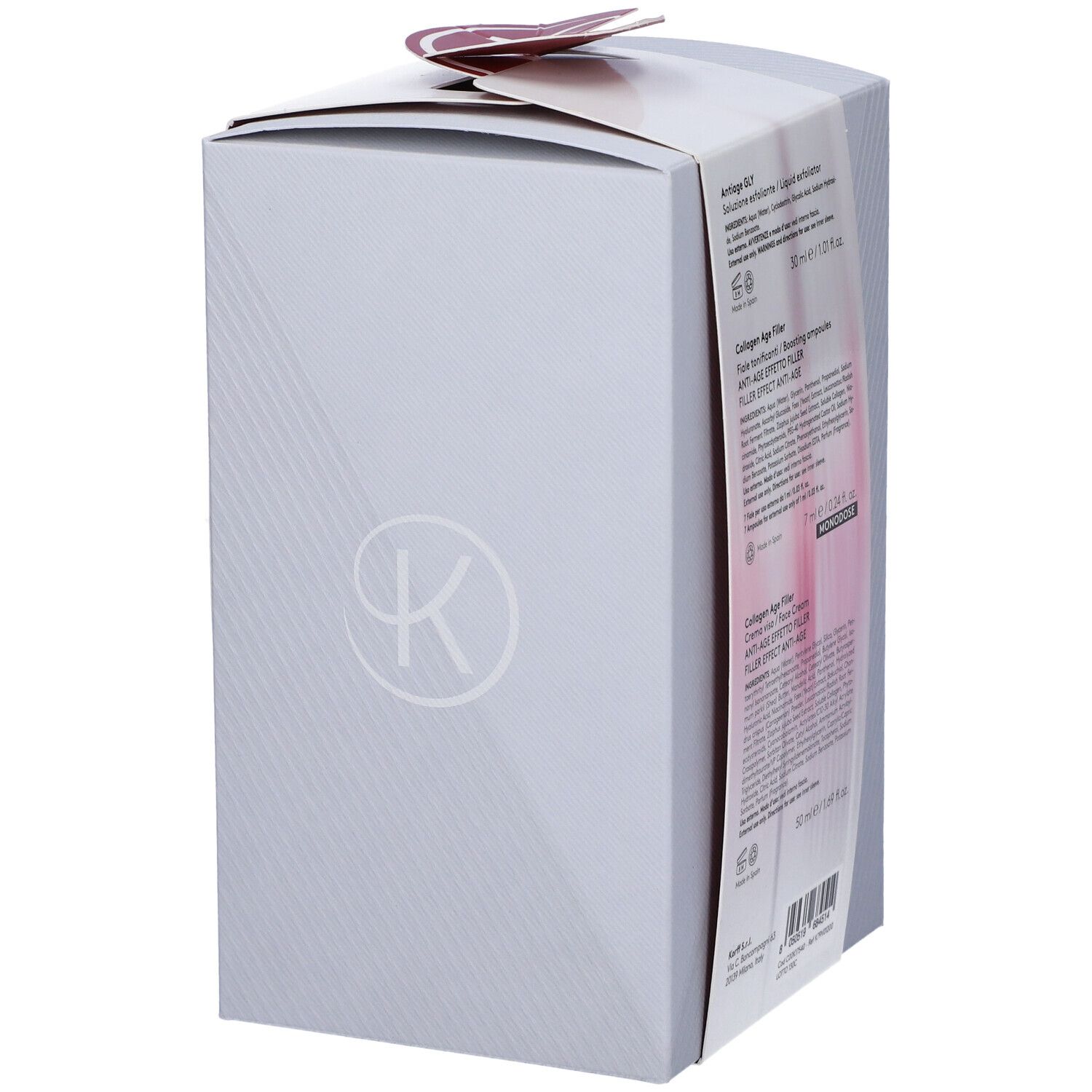 Confezione regalo grigia KORFF. Informazioni prodotto sul retro. Forma arrotondata. Adesivo bianco con logo.
