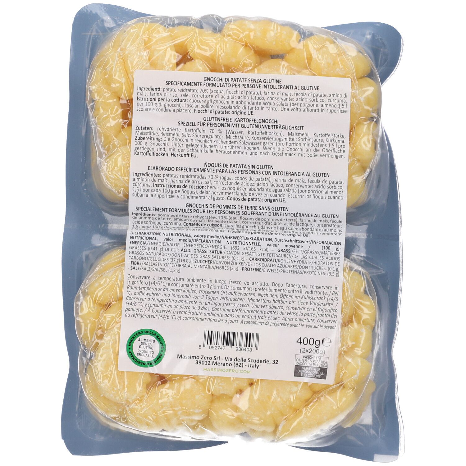 Retro della confezione di gnocchi. Due porzioni di gnocchi in pellicola. Testo con ingredienti e informazioni nutrizionali. 400g.
