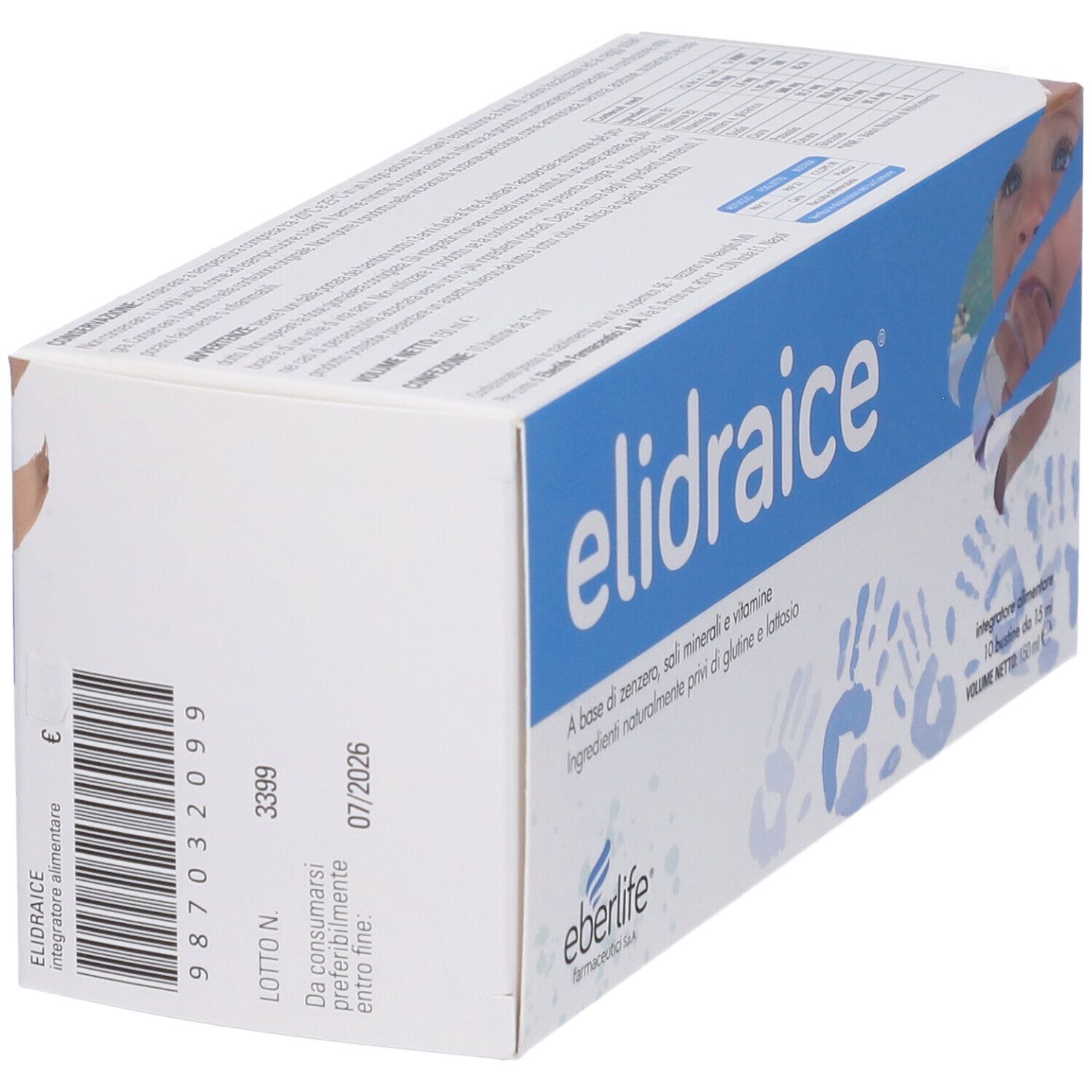 Scatola con informazioni sul prodotto. Codice a barre e testo: Elidraice, 07/2026. Stampa: A base di zenzero, sali minerali e vitamine.