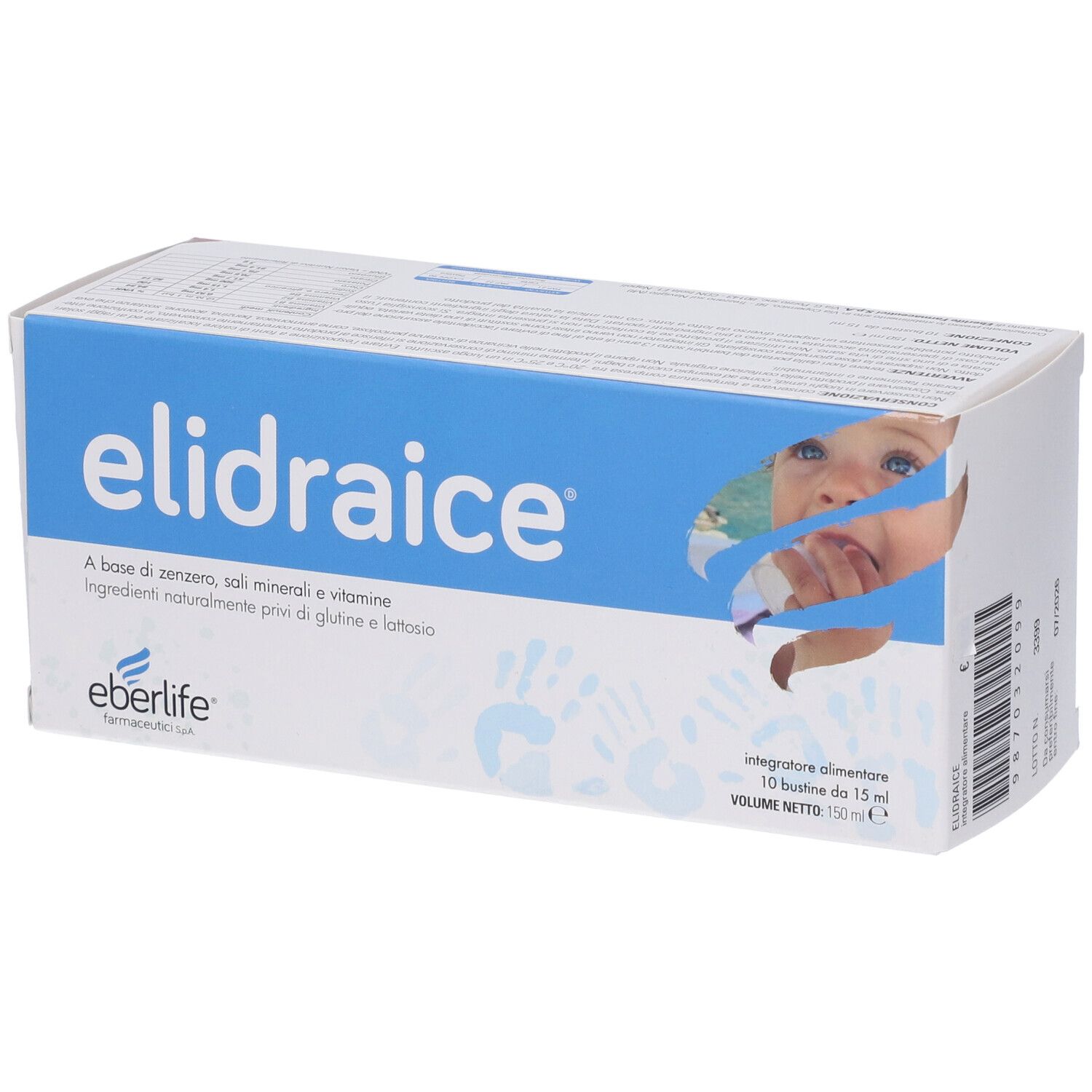 Scatola bianca con fascia blu e nome del prodotto. Testo: Elidraice, Eberlife, 10 Bustine da 15 ml. Immagine di un bambino.