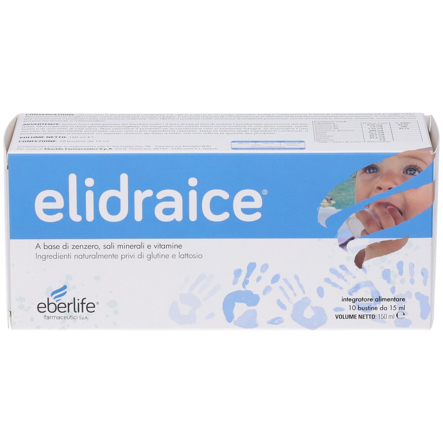 Scatola bianca con fascia blu e nome del prodotto. Testo: Elidraice, Eberlife, 10 Bustine da 15 ml. Immagine di un bambino.
