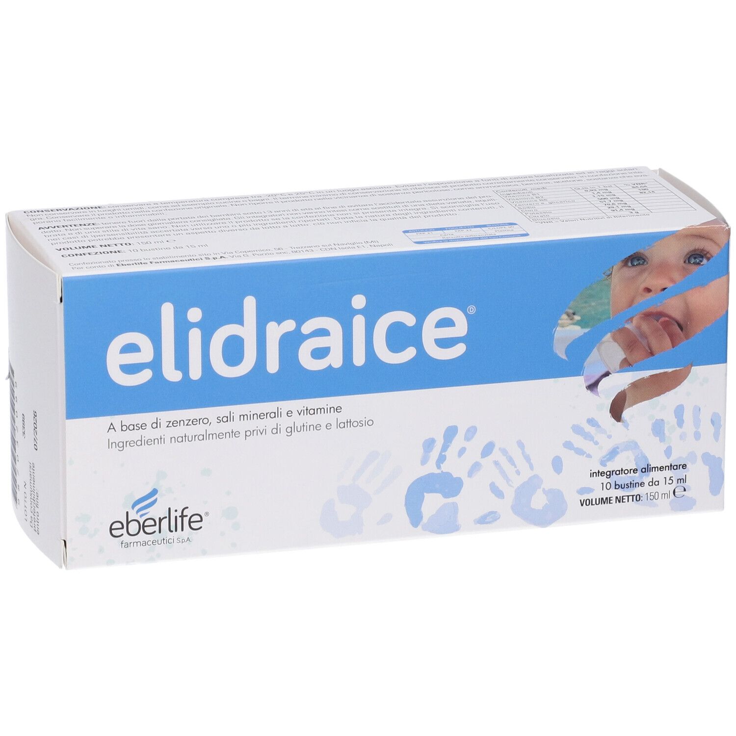 Scatola bianca con fascia blu e nome del prodotto. Testo: Elidraice, Eberlife, 10 Bustine da 15 ml. Immagine di un bambino.
