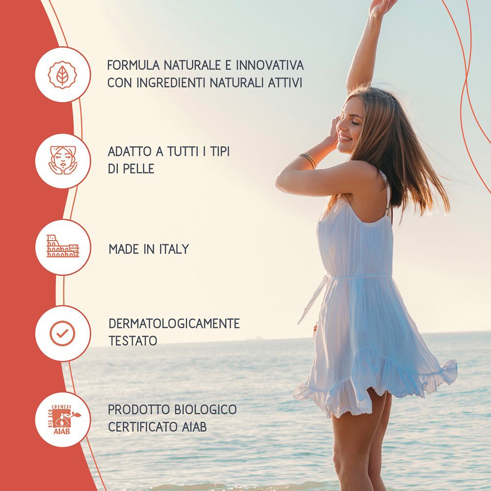 Donna sulla spiaggia, accanto a simboli di ingredienti naturali e test dermatologici.