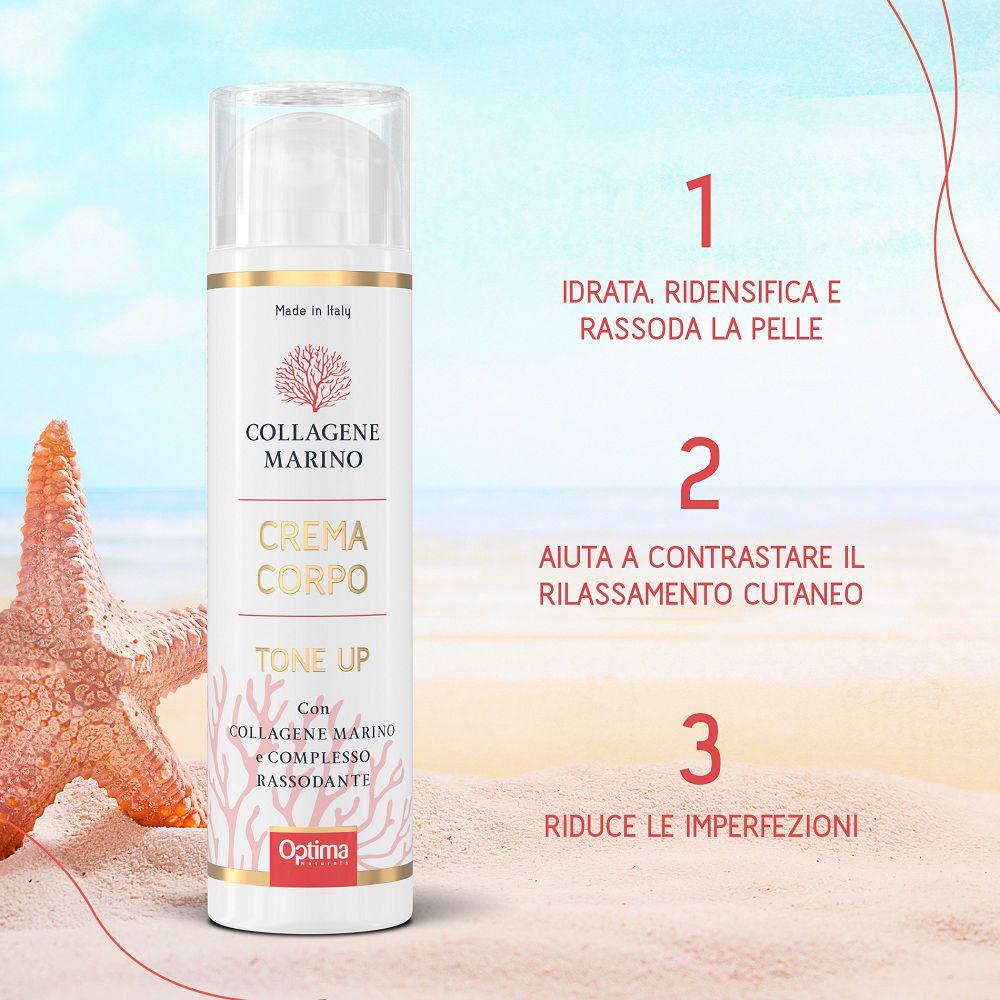 Flacone di crema corpo al collagene marino Tone Up sulla spiaggia, con benefici numerati.