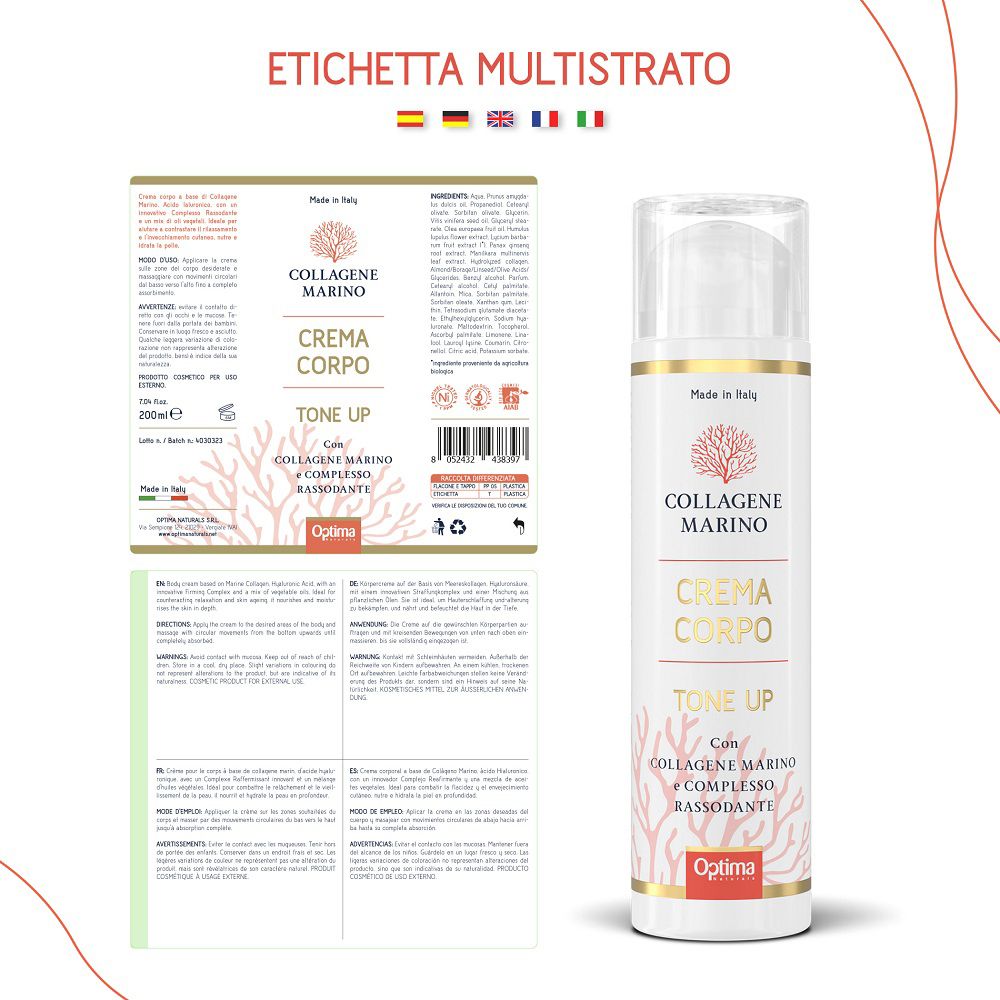 Flacone di crema corpo al collagene marino Tone Up e la sua etichettatura multilingue.